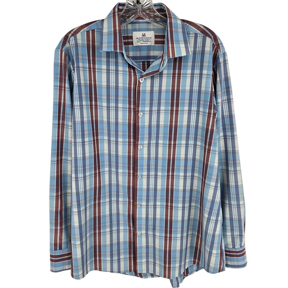 Mizzen Main Shirt Mens Small Blue Red Plaid Performance Dress Button Up Casual